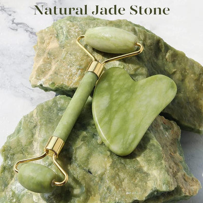 Gua Sha & Jade Roller & Rosehip Essential Oil in One Set, Nature Jade Stone Facial Gua sha Products for Skin Massage, Beauty and Moisturizing Skincare Tools Guasha Gift for Women