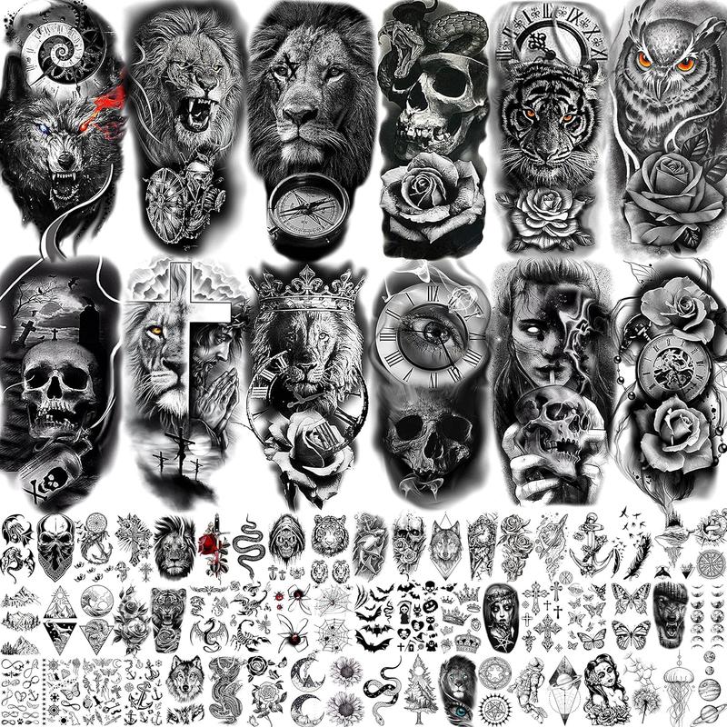 68 Sheets Large Half Arm Sleeve Temporary Tattoos For Men Women Forearm, Tribal Wolf Tiger Lion Owl Skull Temp Halloween Fake Tattoo Stickers Adults, Black Realistic Tattoo Flower Rose Animals