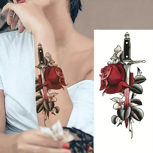 Rose & Sword Pattern Temporary Tattoo Sticker, 1 Sheet Waterproof Fake Tattoo Sticker, Body Art Sticker for Women & Men