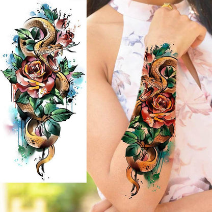 Snake & Flower Pattern Fake Tattoo Sticker (1 Piece), Watercolor Temporary Tattoo Decal for Women & Girls, Waterproof Body Art Sticker for Arm Legs