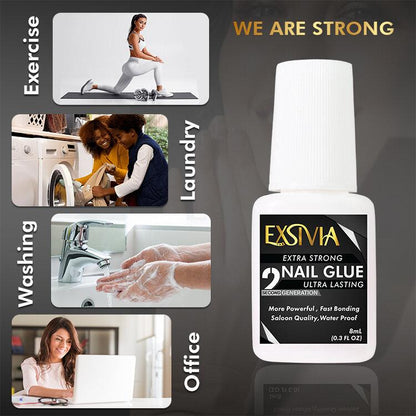 EXSIVIA 2nd Generation Super Strong Nail Glue - Salon Quality, Extra Strength for Acrylic, Press-On, Fake Nails, Quick Dry, Long Lasting, No Dehydrator and Primer Needed - 8ml