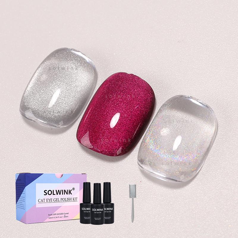 SOLWINK Trio Rainbow Cat Eye Gel Nail Polish Set Multi-functional Magnetic Nail Polish Kits for Natural Nails Toes Nail Tips