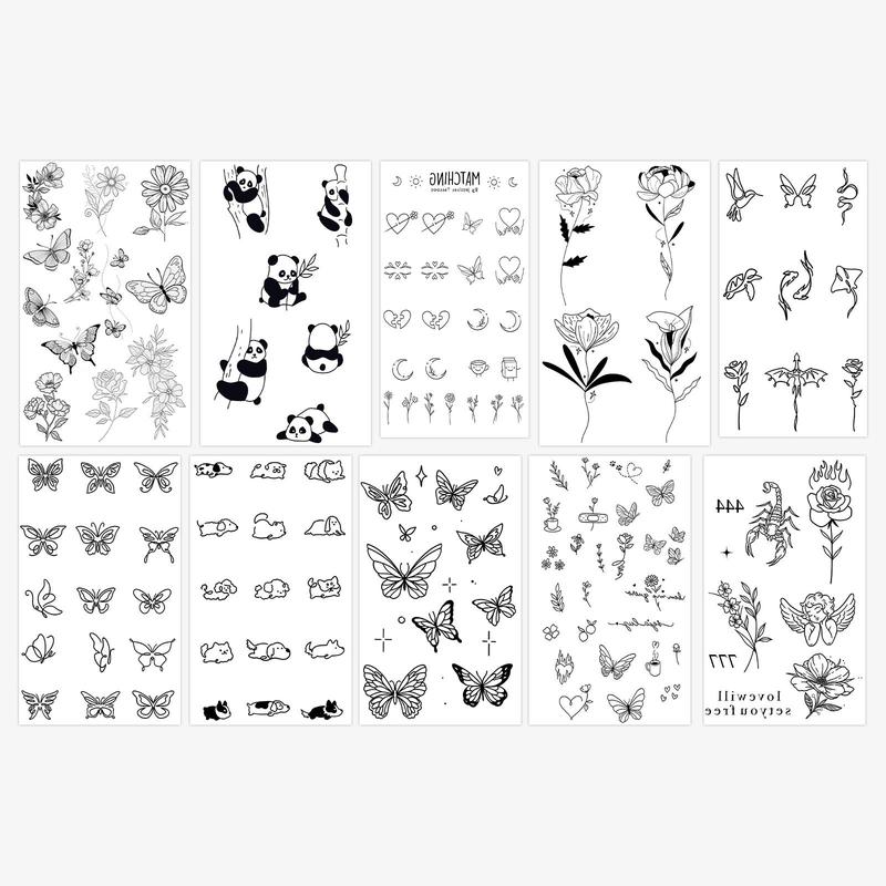 Mix Styles Temporary Tattoo Stickers, 10pcs/set Cartoon Animal & Flower Patterns Tattoo Sticker for Women & Men, Body Art Fact Art Stickers for Face Arm Neck