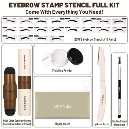 Explore the UCANBE 25PCS Eyebrow Stamp Stencil Kit, featuring a Dual-Color Eyebrow Stamp Pomade, 20 Reusable Stencils, Finishing Powder, Brush, Eyebrow Razor, all housed in a Waterproof Zipper Pouch. Achieve flawless brows effortlessly with this complete