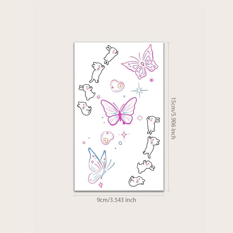 Cute Cartoon Rabbit & Butterfly Pattern Tattoo Sticker (1 Piece), Temporary Tattoo Decal For Women & Girls