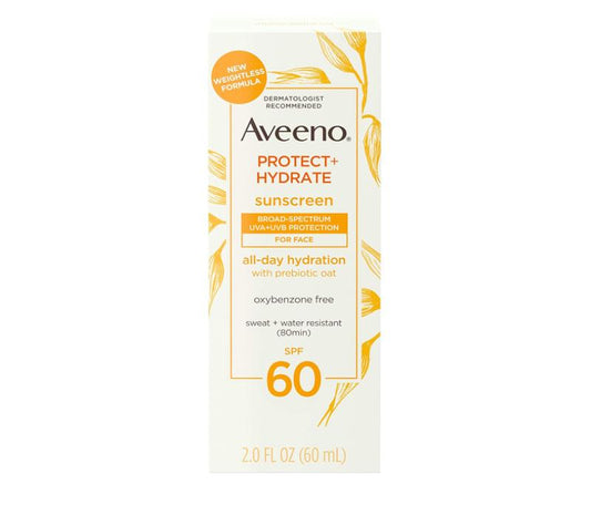 Aveeno Protect + Hydrate Moisturizing Face Sunscreen Lotion With Broad Spectrum Spf 60 & Prebiotic Oat, Weightless & Refreshing Feel, Paraben-free, Oil-free, Oxybenzone-free, 2.0 ounces