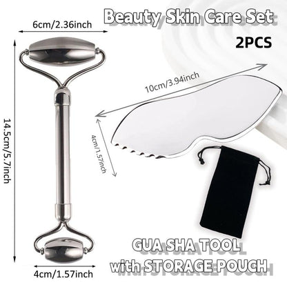 Stainless Steel Gua Sha & Face Roller, 2 Counts/set Facial Massage Tool, Gua Sha Facial Tool Kit, Beauty Skin Care Tool Set