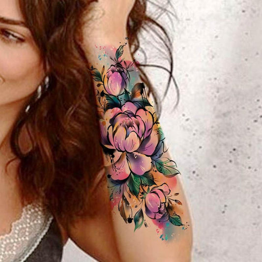 1 Sheet 3D Flower Pattern Fake Tattoo Sticker, Watercolor Floral Body Art Sticker, Waterproof Temporary Tattoo Decal for Adults