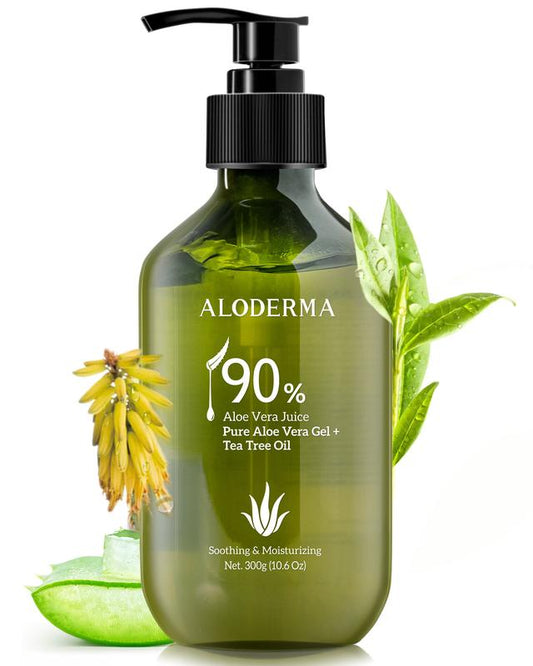 ALODERMA Pure Organic Aloe Vera Gel for Skin + Tea Tree Oil, Made within 12 Hours of Harvest, Soothing Pure Aloe Vera Gel for Face, Works Great for All Skin Types, Scalp, Acne & Aftershave - All Natural Rejuvenating & Calming Moisturizer - 10.6 Oz