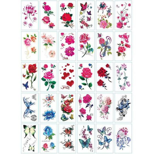 Rose Flower Butterfly Pattern Temporary Tattoo Sticker, 30pcs/set Colorful Long Lasting Fake Tattoo Sticker, Body Art Sticker for Women & Girls