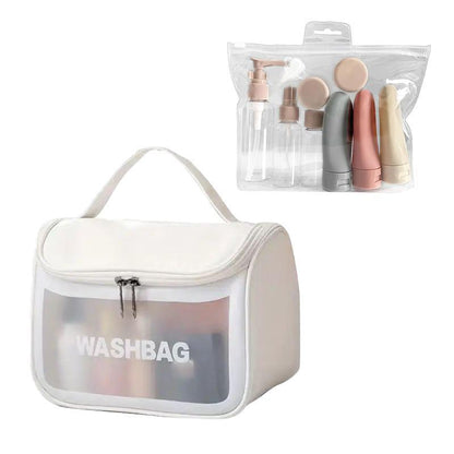 Travel Cosmetic Storage Tools with Bag, 12pcs/set Including 8 Empty Bottle & Jars, 3 Dispensing Tools & 1 Storage Bag, Waterproof Makeup Storage Bag and Makeup Organizer Bottles