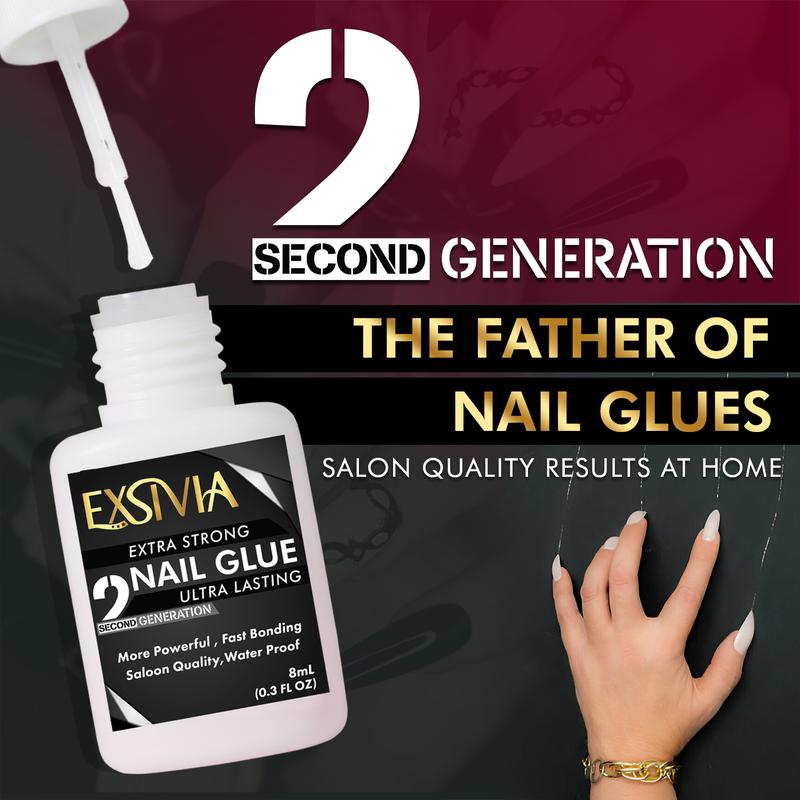 EXSIVIA 2nd Generation Super Strong Nail Glue - Salon Quality, Extra Strength for Acrylic, Press-On, Fake Nails, Quick Dry, Long Lasting, No Dehydrator and Primer Needed - 8ml