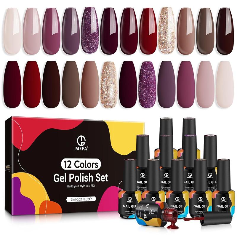 MEFA Gel Nail Polish Set, 12 Colors Fall Winter Nude Neutral Gel Polish Black White Nude Pink Nail Polish Burgundy Red Gray Gel Nail Starter Collection Popular Classic Nail Art Manicure DIY Salon Gift Cutics