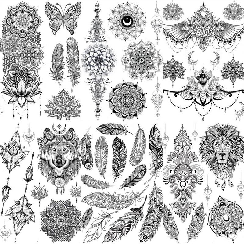 6 Sheets Temporary Tattoo Sticker, Flowers Feathers Animals Body Art Tattoos, Large Arm Tattoo Stickers for Women & Men, Realistic Body Decoration Tattoo for Arms, Neck, Ankle, Legs