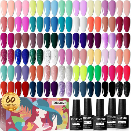 JODSONE 60 PCS Gel Nail Polish Starter Kit 55 Color Combination of Light and Dark Colors Emerald Green Klein Blue Soak off No Wipe Base Coat Matte and Glossy Top Coat Nail Gel Kit for Mother's day gifts