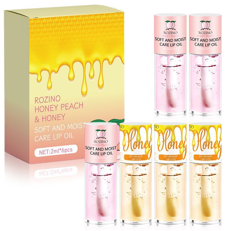 Peach and Honey Lip Care Oil, 6pcs/set Moisturizing Lip Oil, Natural Extracts Mild Lip Care Lipstick, Lip Gloss, Lip Care Product for Women & Girls