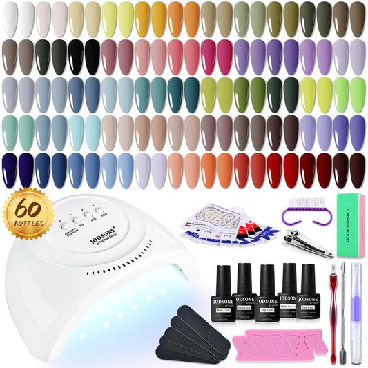 JODSONE 60 PCS Gel Nail Polish Kit with U V Light 55 Colors No Wipe Beautiful Colors Nail Gel Polish Base Top Coat Manicure Gifts for Salon and at Home for Mother's day gifts