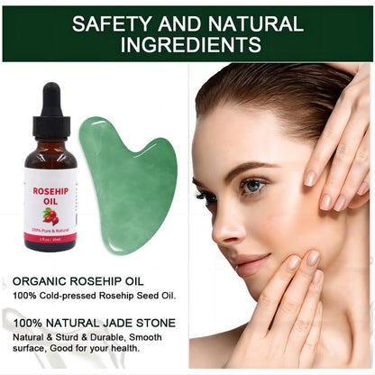 Gua Sha with Skincare Oil, Nature Jade Stone Facial Gua sha Products for Skin Massage, Beauty and Moisturizing - with Nice Travel Pouch