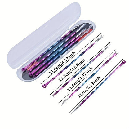 Stainless Steel Acne Tool Set, 4pcs/set Portable Facial Pore Cleaner, Professional Skin Care Products