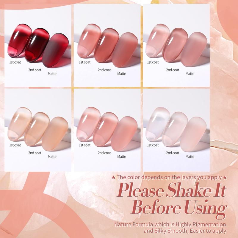 BORN PRETTY 6 Colors Jelly Gel Nail Polish Set Pink Red Nude for Summer&Spring Sea Glass Nails Art DIY at Home Nail Care