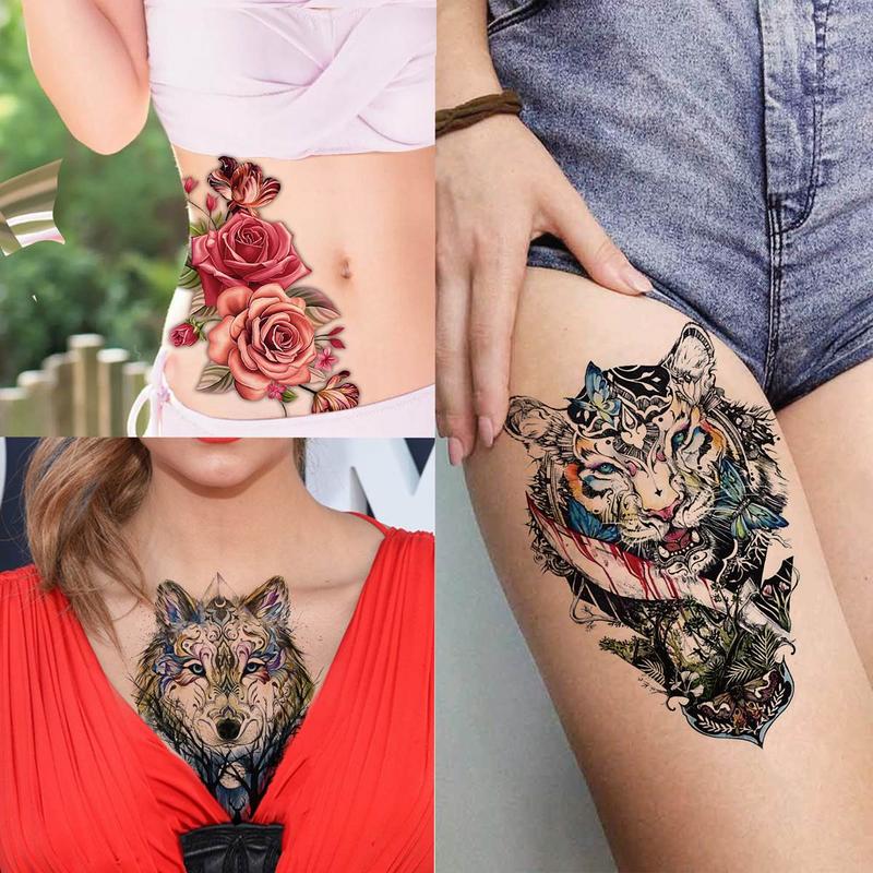 Lion & Owl &?Flower Pattern Temporary Tattoo Sticker, 54pcs/set Creative Fake Tattoo Sticker, Realistic Temporary Body Art Sticker, Body Decoration for Men & Women