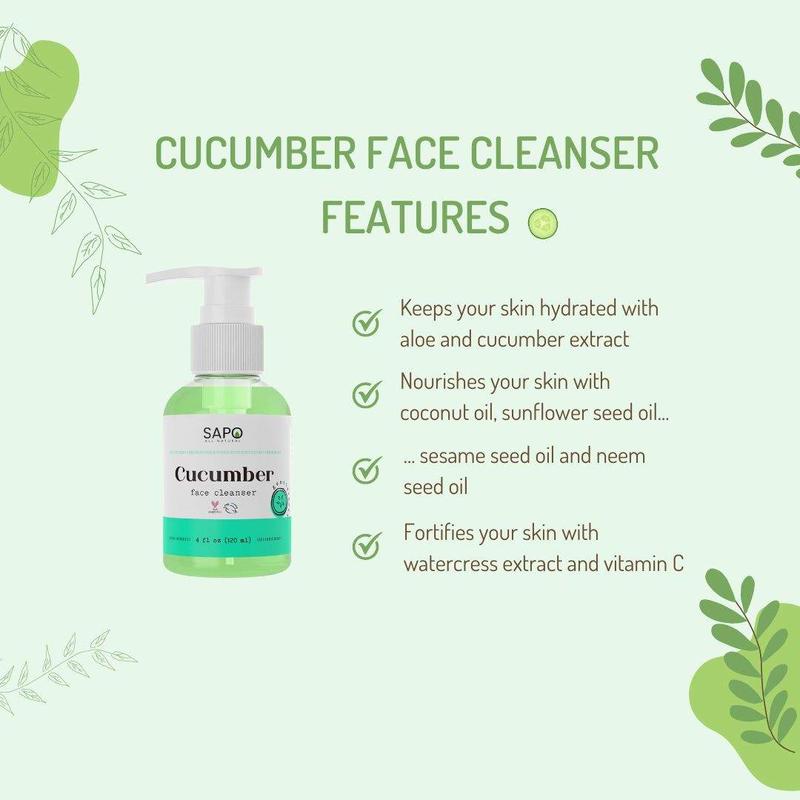 Sapo All Natural Cucumber Facial Wash with Aloe, Coconut Oil and Vitamin C - A Gentle, Moisturizing and Hydrating Facial Cleanser for Dry, Normal and Sensitive Skin - Soothing, Nourishing and Rejuvenating - A Must for Your Skincare Routine