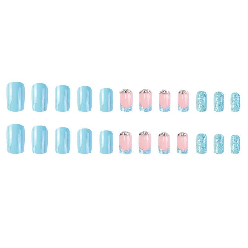 24pcs/set Rhinestone Fake Nails, Short Square False Nails for Women & Girls DIY Nail Art, Press On Nails, Elegant Stick On Nails Kit, Manicure Accessories, Easy to Apply