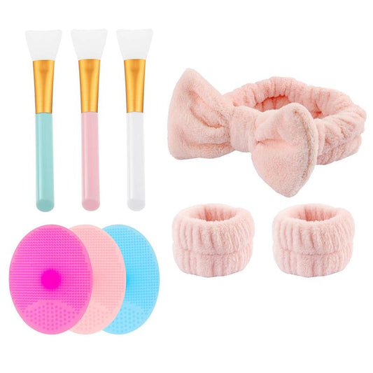 Face Cleaning Face Mask Tool Set, 9pcs/set Bow Headband & Wristbands, Mask Brushes & Silicone Facial Cleansing Brushes, Facial Skin Care Set