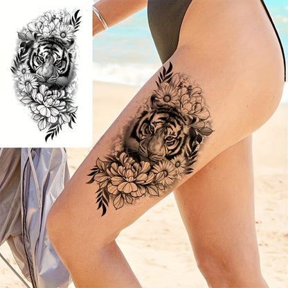 Flower & Tiger Pattern Temporary Tattoo Sticker, 1 Count Waterproof Fake Tattoo Sticker, Realistic Tattoo Sticker, Body Art Sticker for Women & Men