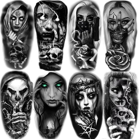 8pcs Halloween Skeleton Fake Temporary Tattoos for Adults, Realistic Half Arm Sleeve Tattoo Sticker, Skull & Flower Pattern Temporary Tattoo Sticker for Men & Women