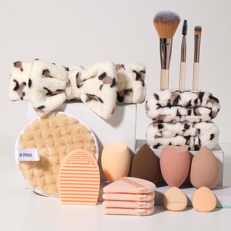 Summer Makeup Tool Set, 18pcs/set Sponge & Mini Powder Puffs & Triangular Puff & Cleaning Mat & Brush & Headband & Wristband & Face Puff, Cruel Summer