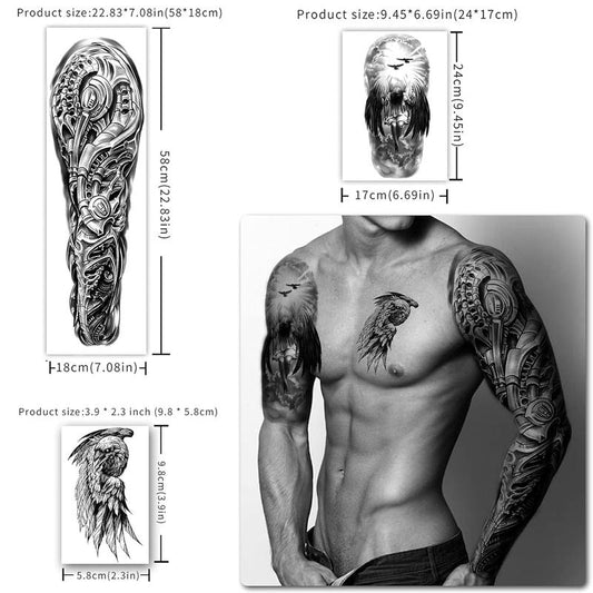 46 sheets Full Arm Skull Temporary Tattoos For Men Half Arm Shoulder Angel Tattoo for Ladies Fake Waterproof Wolf Lion Stone Tattoo Stickers For Adult or Kids