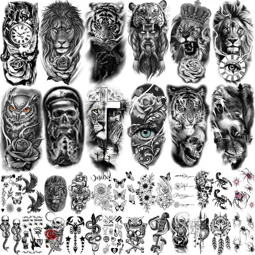 36 Sheets Large Black Arm Temporary Tattoos For Men Forearm Women Thigh, Half Sleeve Animals Lion Tiger Wolf Temp Tattoo Stickers Adults, Death Skull Compass Flower Fake Tattoos That Look Real Durable