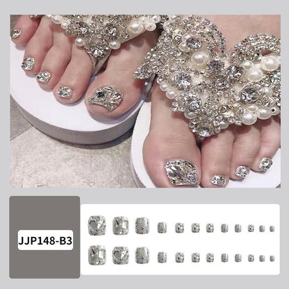 Rhinestone Decor Nail Art & Nail Care Fake Toenails Set, 24pcs Cosmetic Removable Toe Nails for Women & Girls, Manicure Nail Art Accessories