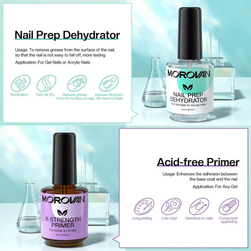 MOROVAN Nail Dehydrator and Nail Primer with Cuticle Oil Set - Professional Nail Prep Dehydrator and Primer Set Long Lasting X-Strength Acid-Free Nail Primer for Acrylic Nails £¦ Gel Nails for Beginner