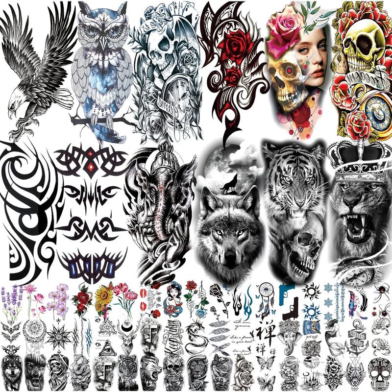 80 Sheets Temporary Tattoos Stickers, Fake Body Arm Chest Shoulder Tattoos for Men and Women, Halloween Temporary Tattoos Black Fake Skull Skeleton Tattoos for Halloween Cosplay