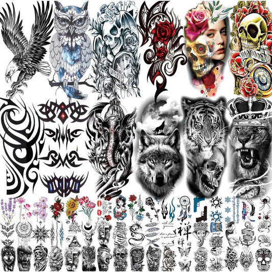 80 Sheets Temporary Tattoos Stickers, Fake Body Arm Chest Shoulder Tattoos for Men and Women, Halloween Temporary Tattoos Black Fake Skull Skeleton Tattoos for Halloween Cosplay