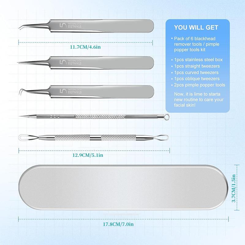 Blackhead Remover Tool, 5 Counts/set Stainless Steel Acne Blackhead Remover Tweezer Set with Storage Box, Suitable for Women and Men