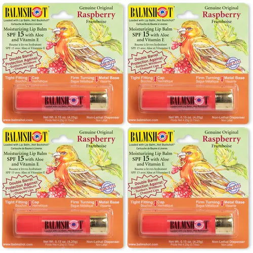 Balmshot Raspberry Lip Balm SPF 15, Aloe, and Vitamin E 4-Pack - 100% Moisturizing Lip Balm