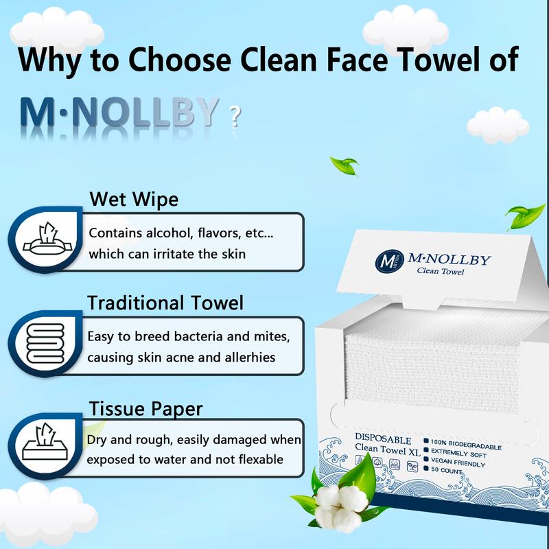 M¡¤NOLLBY XL Large Disposable Face Towel Makeup Remover Wipes for Drying Washing Biodegradable Clean Facial Towels AA11*12 Inches Extra Soft Thick Cleaning Washcloths for Bathroom, Sensitive Skin, Travel 50/100 Count