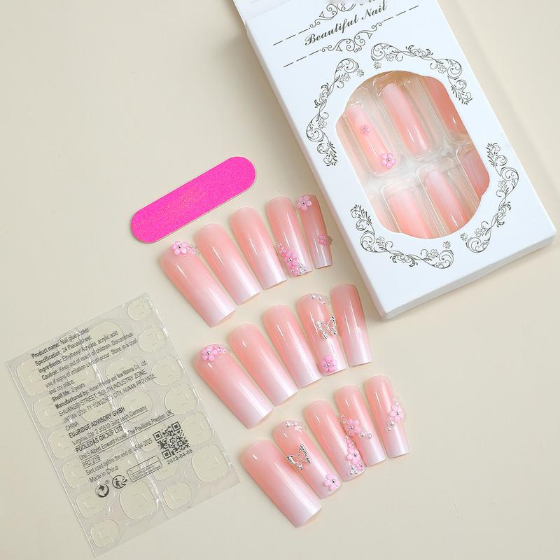 Party Makeup, 24pcs Stylish 3D Butterfly Rhinestone Press On Nails for Girls, Minimalist Full Cover Fake Nails£¬Bubble bath square round nail£¬Hello love press nails£¬Strawberry peach butterfly spring wear nail