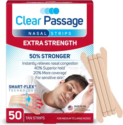 Clear Passage Nasal Strips Extra Strength, Tan, 50 Count | Works Instantly to Improve Sleep, Reduce Snoring, & Relieve Nasal Congestion Due to Colds & Allergies