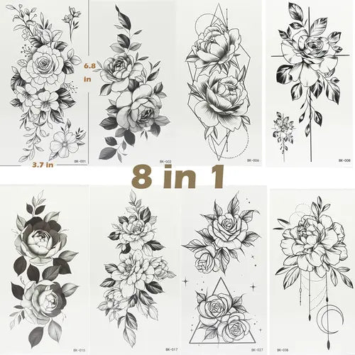 SLANGO 8 in 1  Flowers Instant Tattoo Temporary Waterproof Long Lasting 2 Weeks Easy Stickers-BK Floral