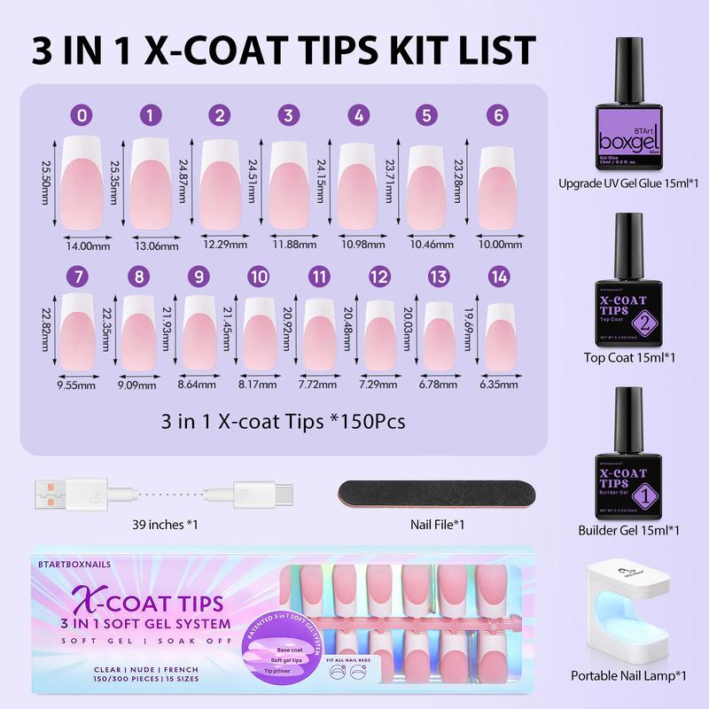 btartboxnails XCOATTIPS French Tip Nails - Long Square Nail Tips with Nail Gel, French Protecing Duo, Nail Lamp, All in One Soft Gel French Tip Press on Nails Gel Extension Valentines Day Gifts