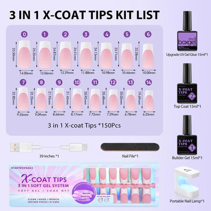 btartboxnails XCOATTIPS French Tip Nails - Long Square Nail Tips with Nail Gel, French Protecing Duo, Nail Lamp, All in One Soft Gel French Tip Press on Nails Gel Extension Valentines Day Gifts