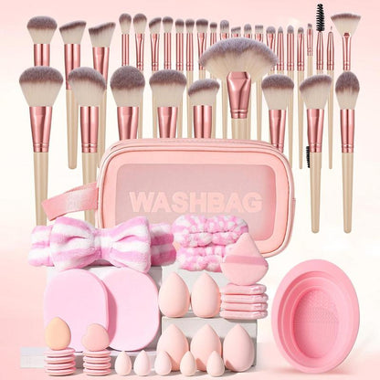 Makeup Tool, 64pcs/set Brushes & Sponges & Triangle Powder Puff & Finger Powder Puff & Headband & Wrist Band & Face Washing Puff & Cleaning Bowl & Bag