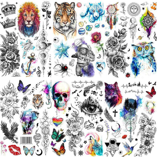 6pcs Lion & Wolf & Astronaut & Flower Pattern Temporary Tattoo, Body Decals for Women and Men