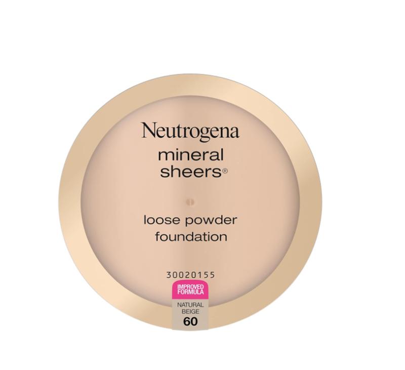 Neutrogena Mineral Sheers Lightweight Loose Powder Makeup Foundation with Vitamins A, C, & E, Sheer to Medium Buildable Coverage, Skin Tone Enhancer, Face Redness Reducer, Natural Beige 60,.19 oz