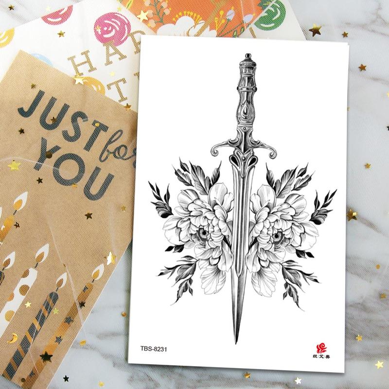 Fake Tattoo Sticker, 1 Count Waterproof Temporary Tattoo, Hand Drawn Sketch Peony Flower Sword Pattern Body Sticker For Women & Men