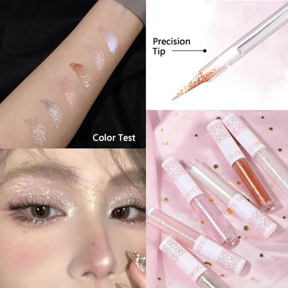 6Pcs Liquid Glitter Eyeshadow & Eyeliner Set - Korean Makeup Bling for Under Eye, Shimmer Eye Make Up Valentine's Day Gift, Long Lasting Quick Drying Pigmented Glitter Glue for Crystal Looks